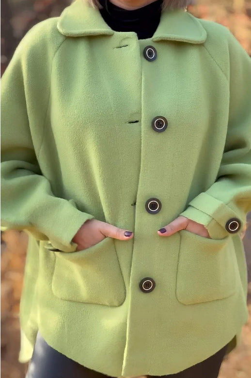 Women's soft wool jacket with shoulder yoke and button details, size