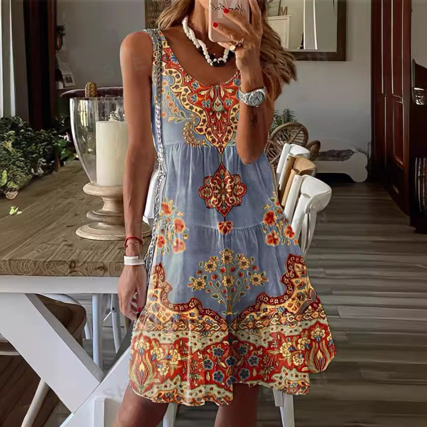 Damen luftiges Sommerkleid mit charmantem Print und fließendem Schnitt GR