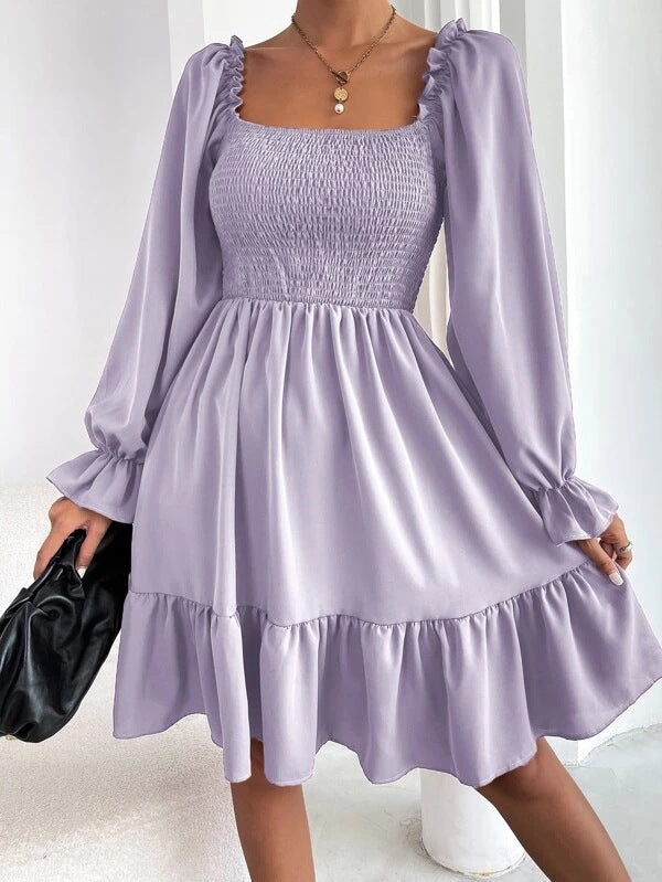 Women's fitted mini dress with voluminous ruffled sleeves and square neck, size S