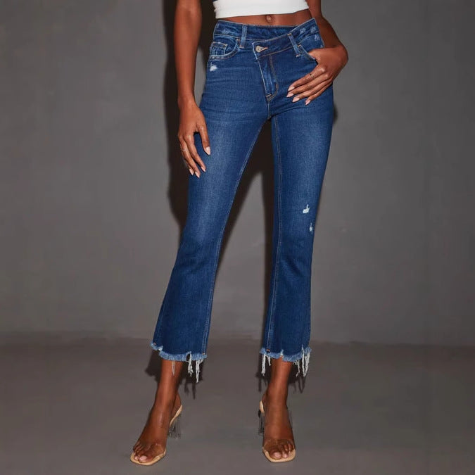 Women's flared jeans with frayed hem and casual distressed effect, size S