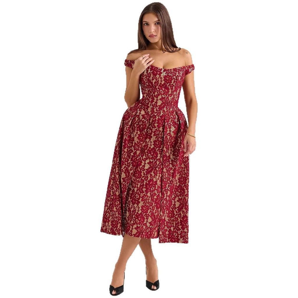 Damen Abendkleid mit schulterfreiem Design und exquisite Spitze GR