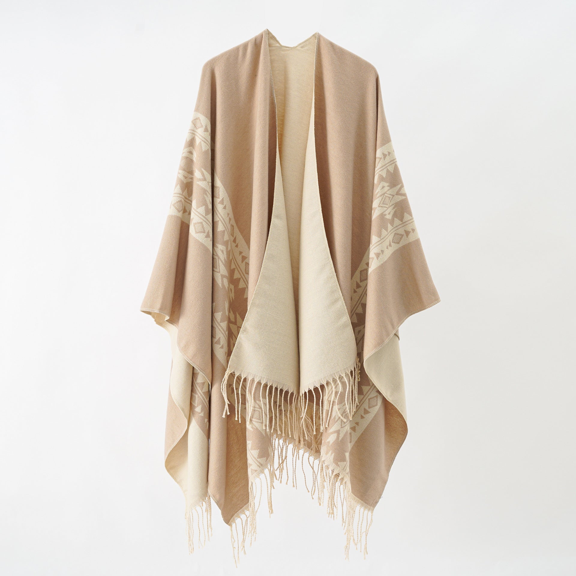 Damen eleganter Strickponcho mit kunstvollen Fransen und floralen Akzenten GR