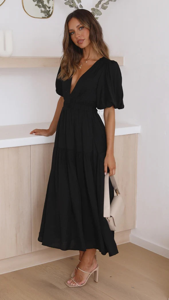 GR | Lässige Trends Sommer V-Ausschnitt Figurbetont Taillenkleid Midilänge