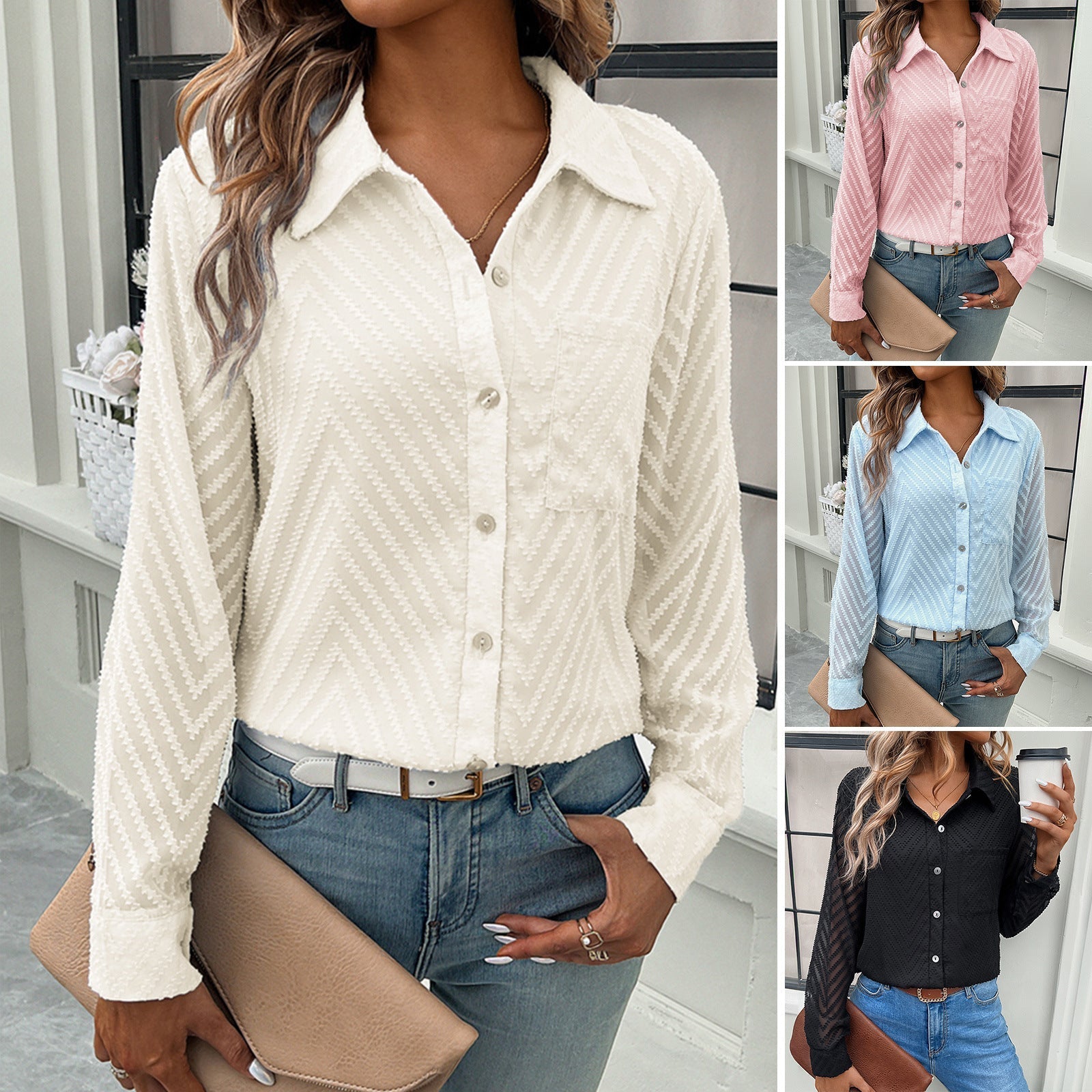 Damen Elegante Bluse mit transparenten Ärmeln und Knopfverschlüssen GR