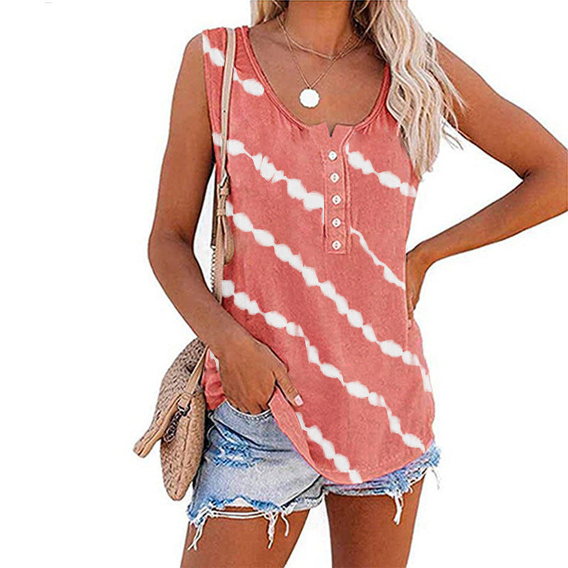 Women's sleeveless top with button placket and modern batik pattern, size