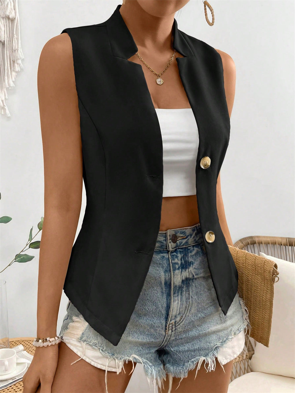 GR | Sleeveless Blazer Top with Buttons for Women