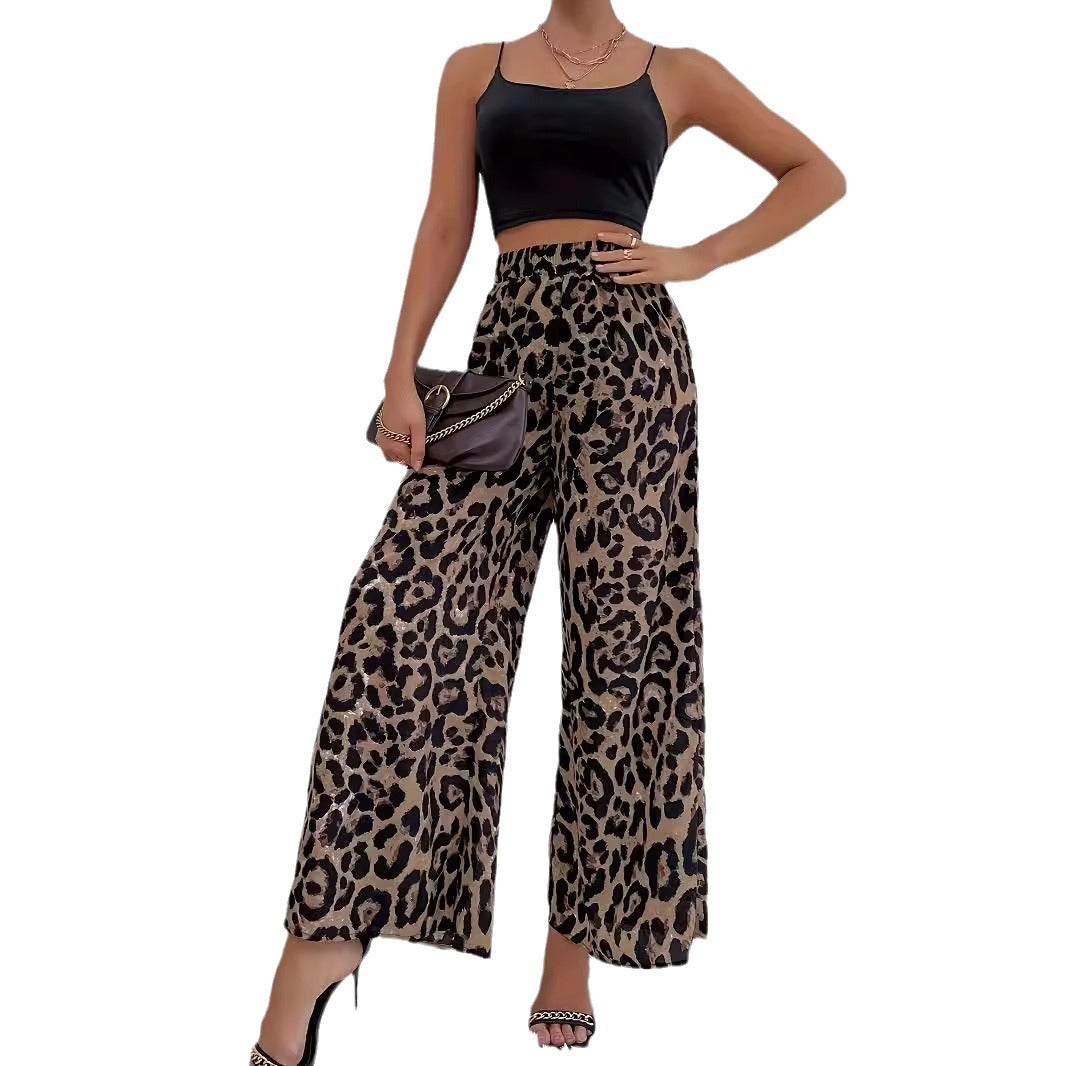 Damen Weite Leopard-Hosen aus fließendem Material mit elastischem Bund GR