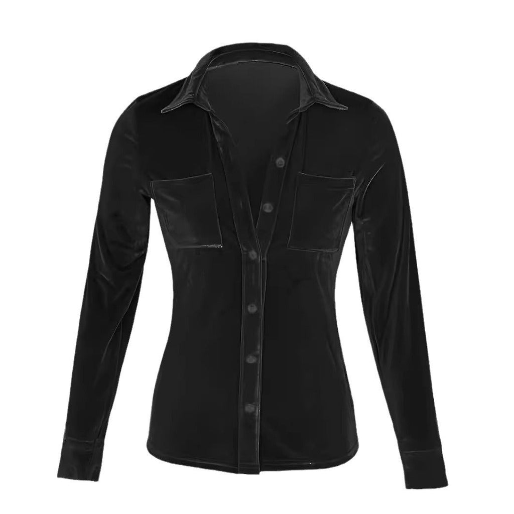 Women's elegant silk blouse with long sleeves and patch pockets, size GR