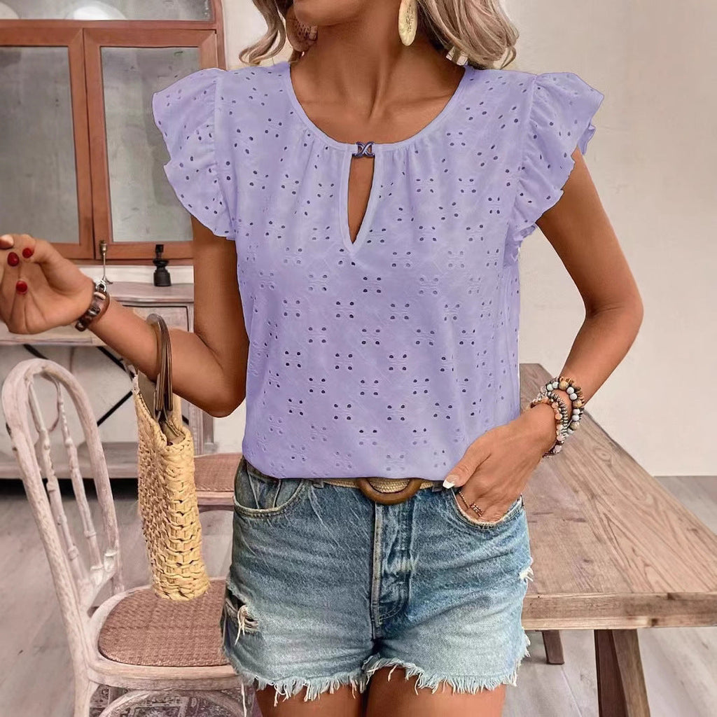 Damen Bluse mit Rüschendetails und Lochstickerei GR