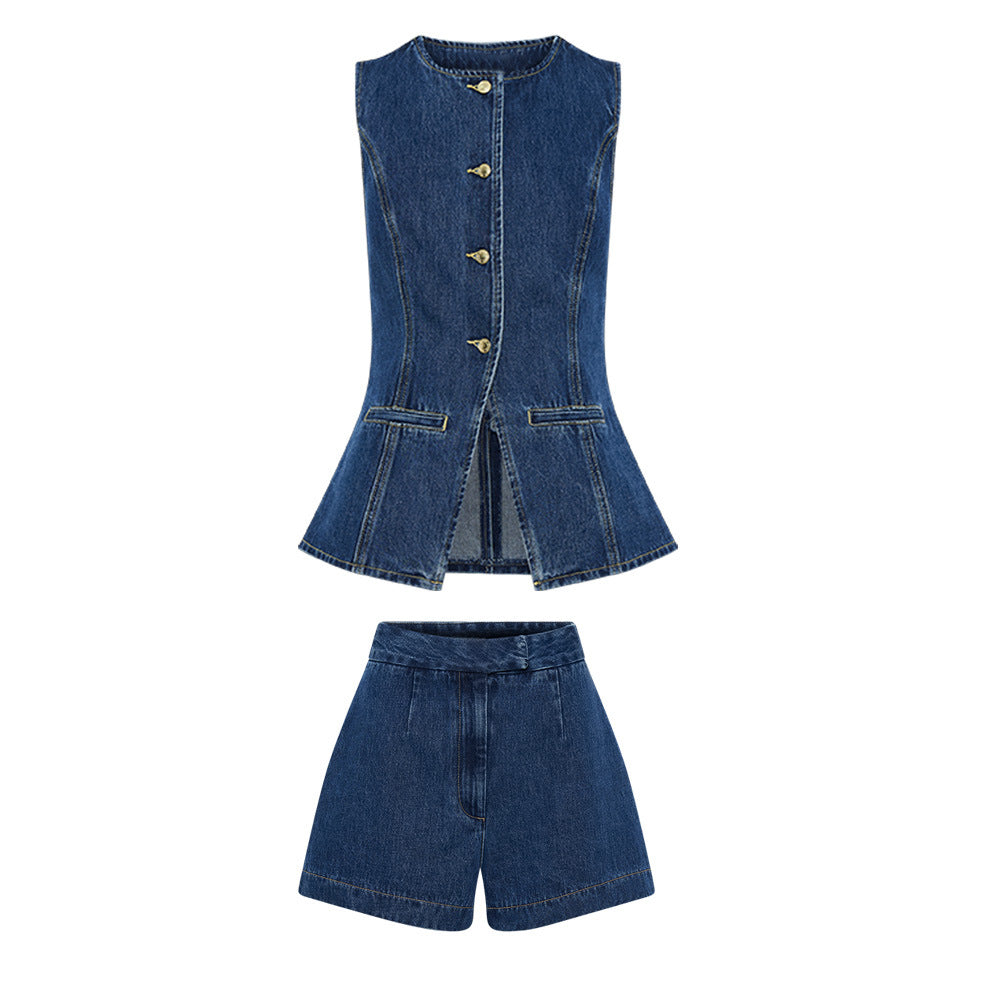 GR | Denim Slim Fit Vest Shorts Two-Piece Set