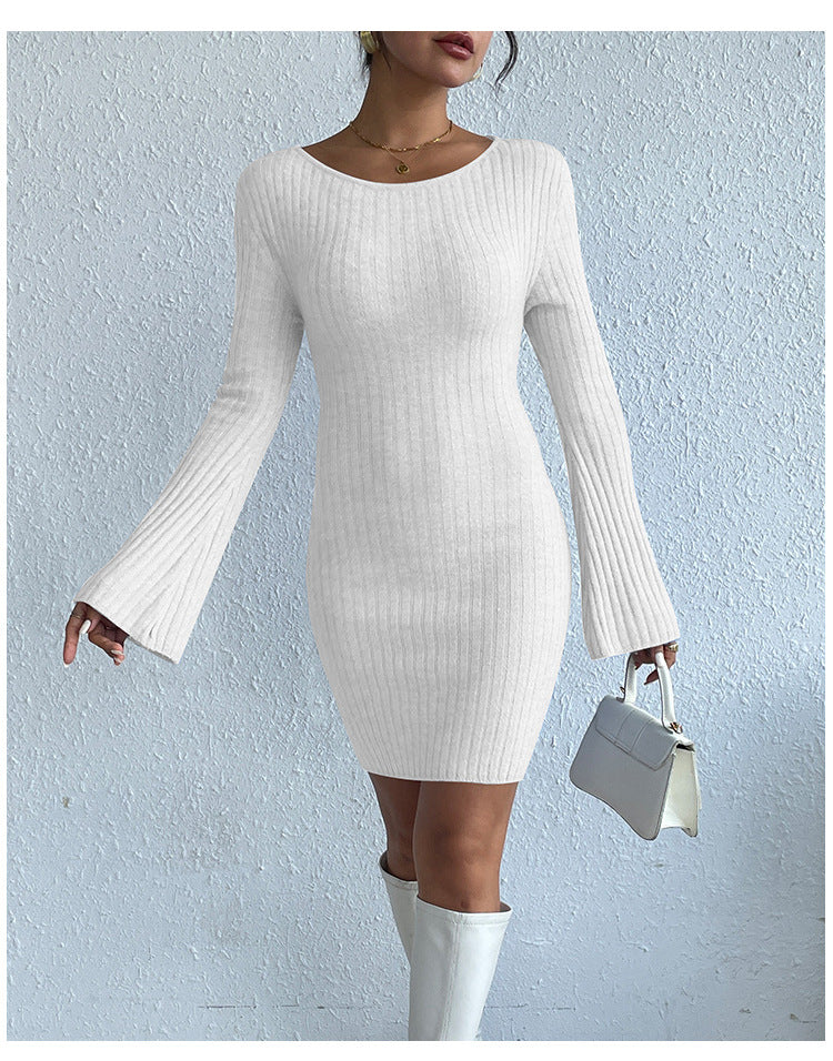 GR | Long-sleeved trumpet sleeve open back knit dress 