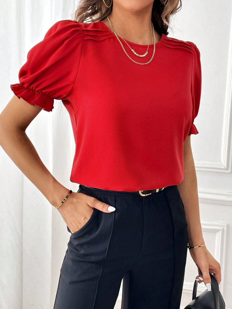 GR Pure-Color Round Neck Shirt Top with Temperament