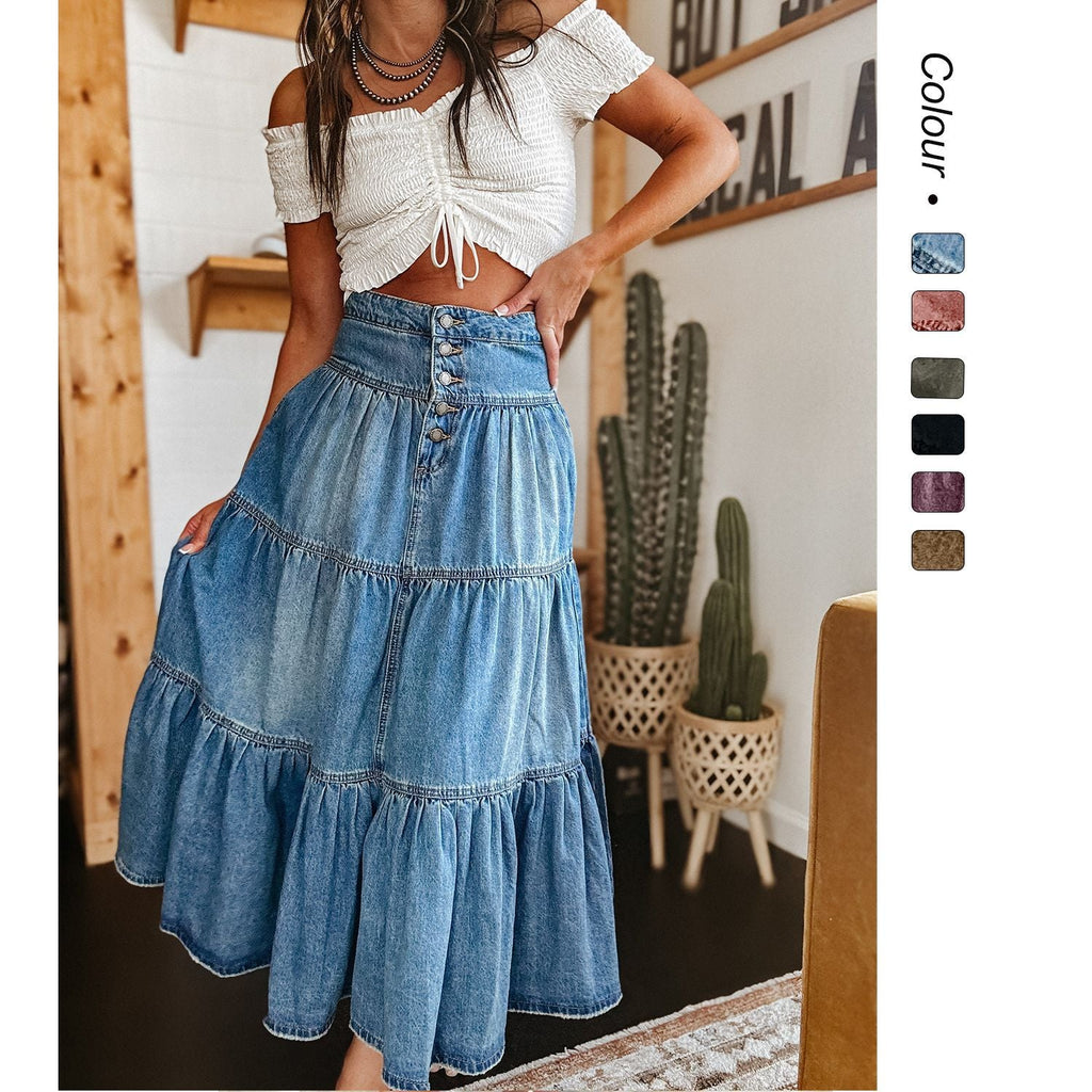 Damen Baumwollrock mit voluminösem Stufen-Design und modischem Knopfdetail GR
