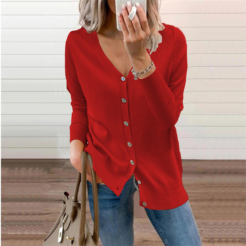Women's cardigan with modern button details and deep V-neck, size