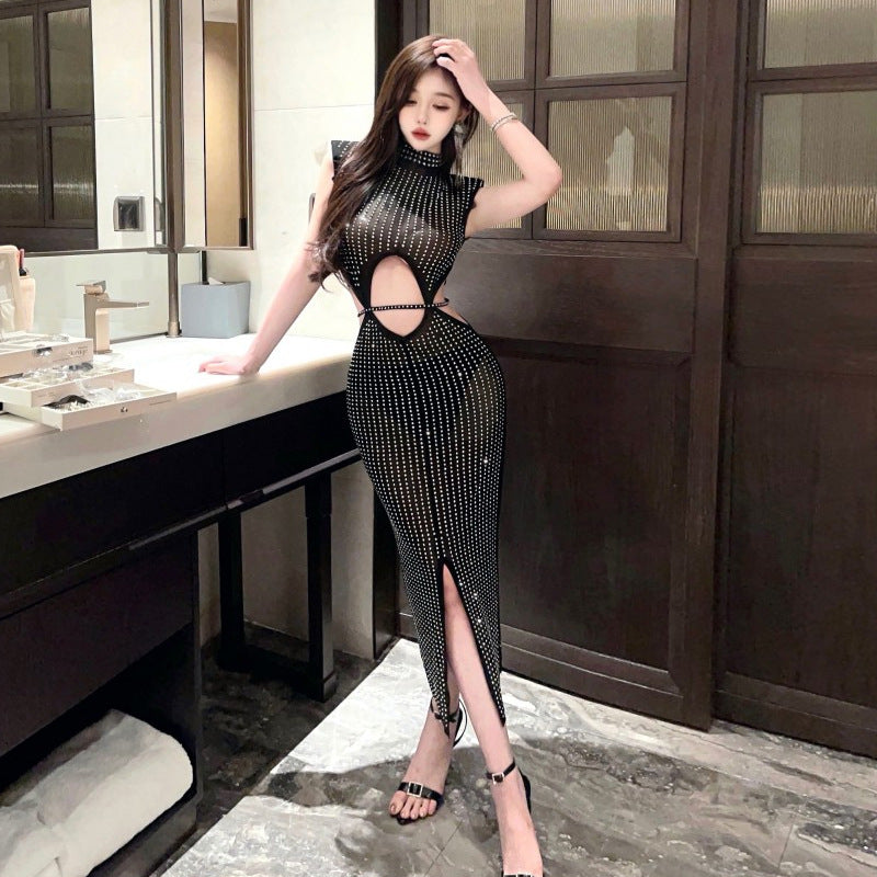 GRMODE | Sexy Mesh Durchsichtig Strass Hollow Split Bodycon Kleid