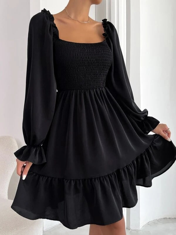 Women's fitted mini dress with voluminous ruffled sleeves and square neck, size S