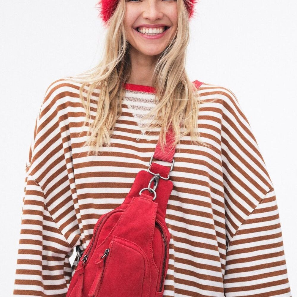 Women's Comfortable Striped Sweater with Raglan Sleeves and Elastic Cuffs Size