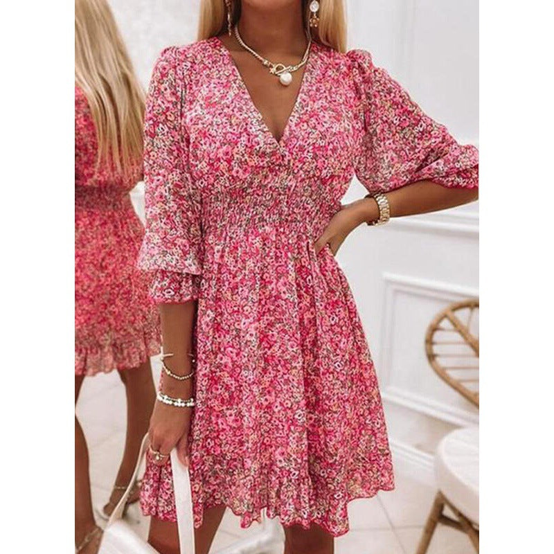 Damen Blusenkleid im romantischen Floral-Design mit V-Ausschnitt und Rüschenärmeln GR
