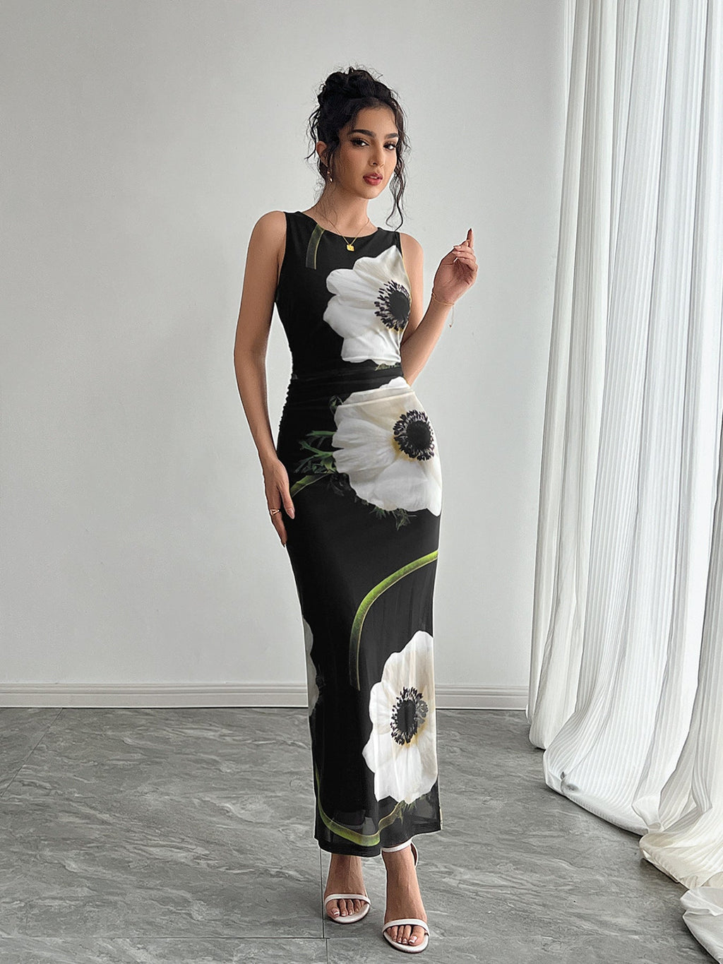 GR | Black mesh-printed sleeveless long skirt dress