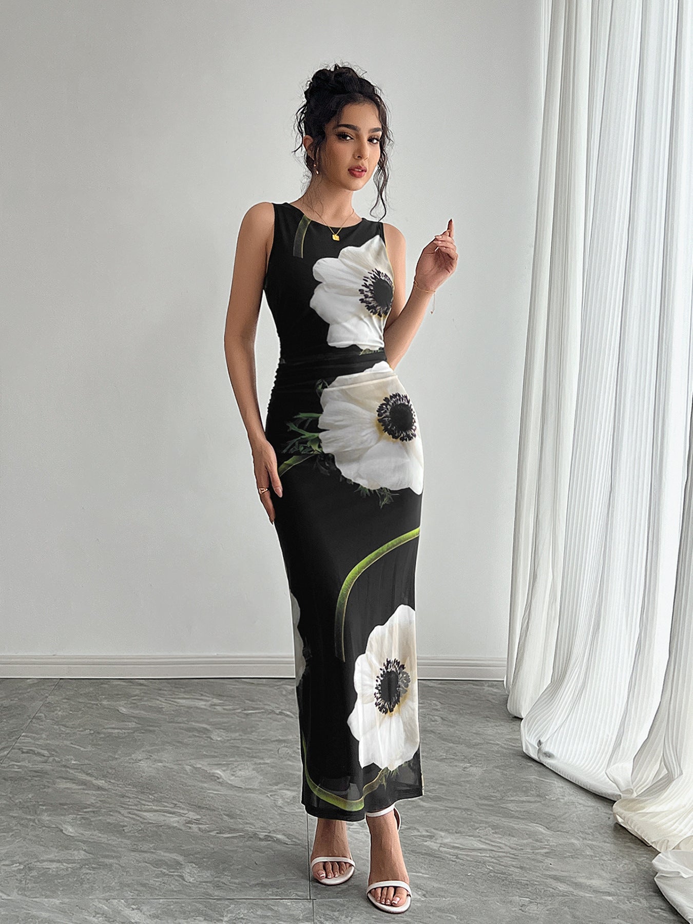 GR | Black mesh-printed sleeveless long skirt dress