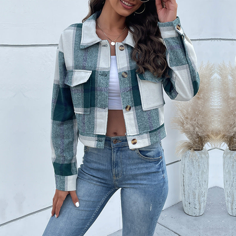 Women's cropped plaid jacket with practical pockets and fashionable details, size S