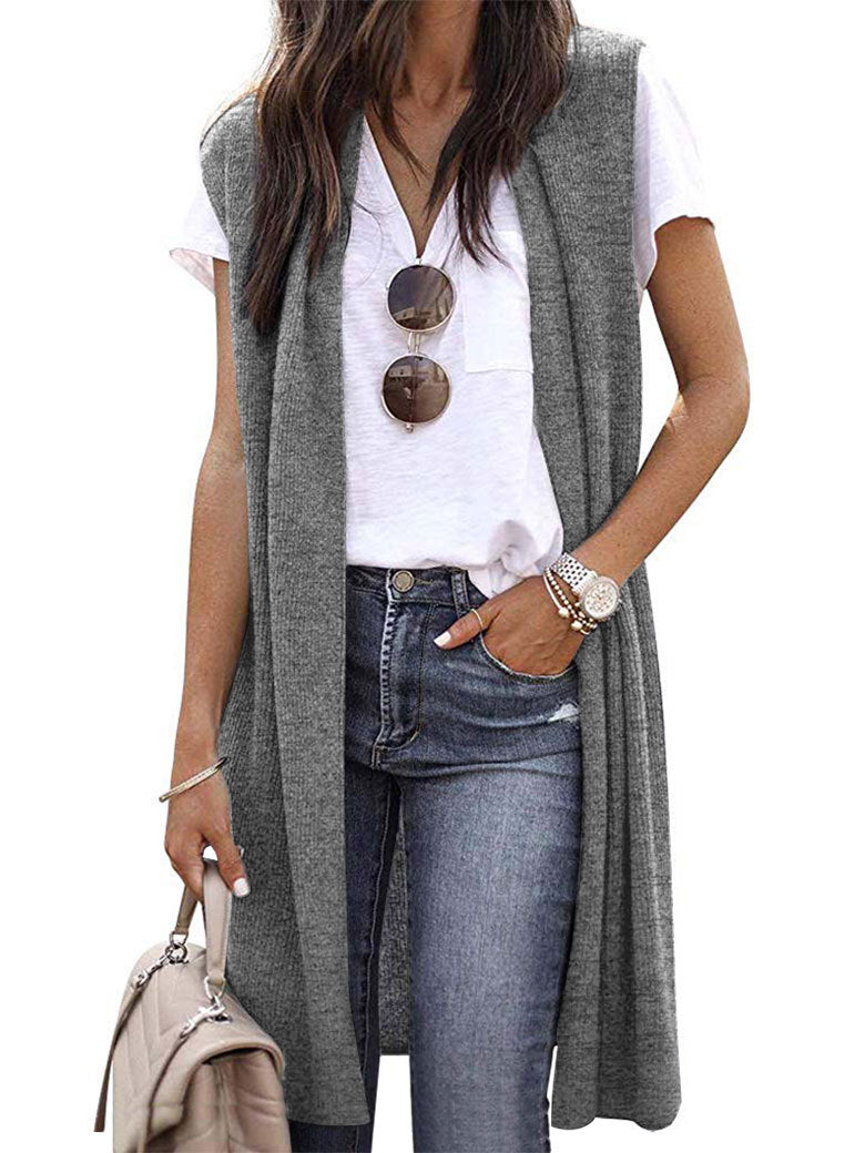 Women's open cardigan with a relaxed fit and long side panels, size