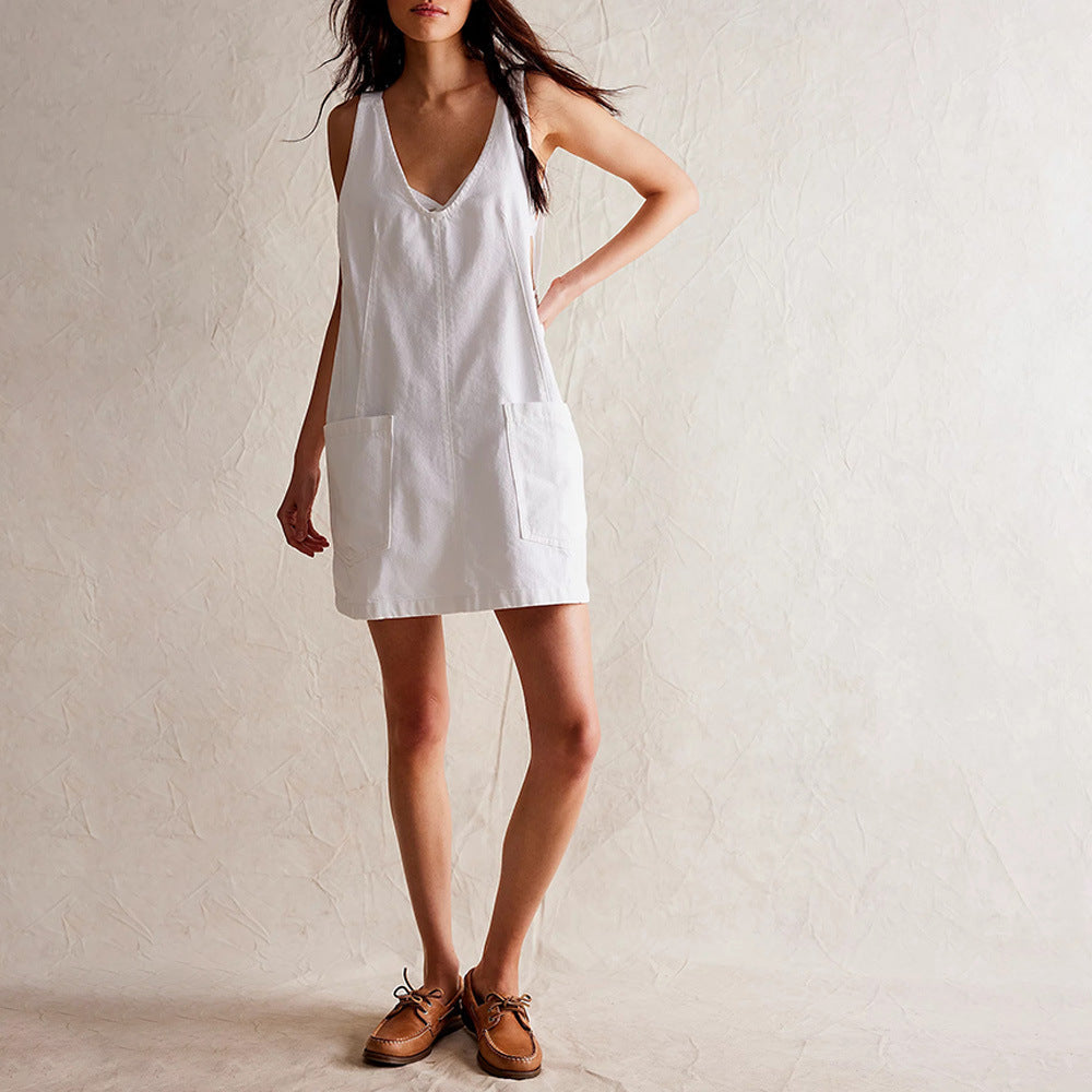 GR | Denim Träger Pocket Verstellbares Mini Kleid