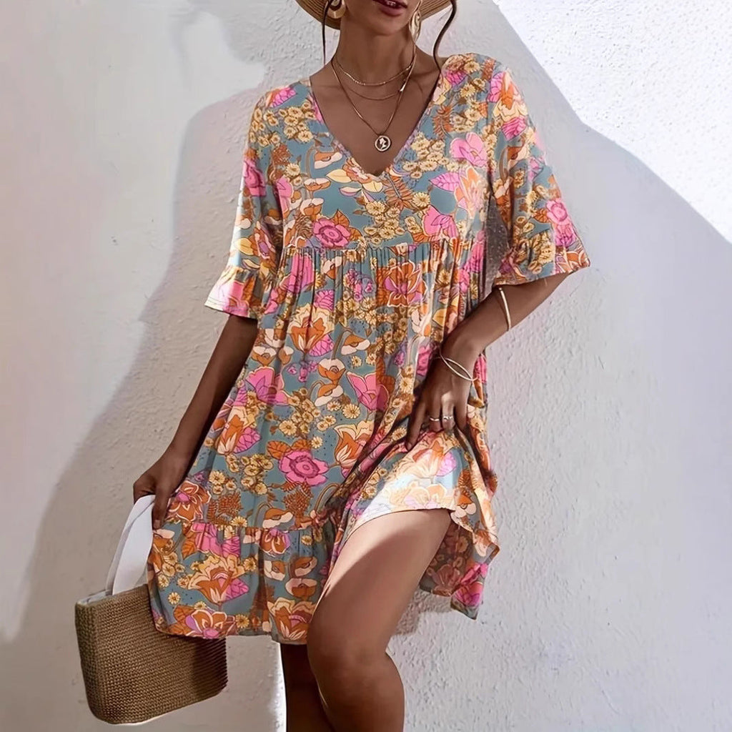 Women's casual dress with V-neck and flowing cut, size