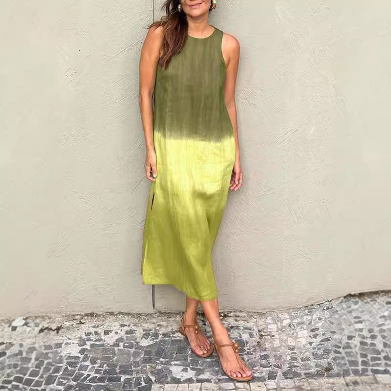 GR | Baumwolle Leinen Ärmelloses Schlitz Gradient Kleid