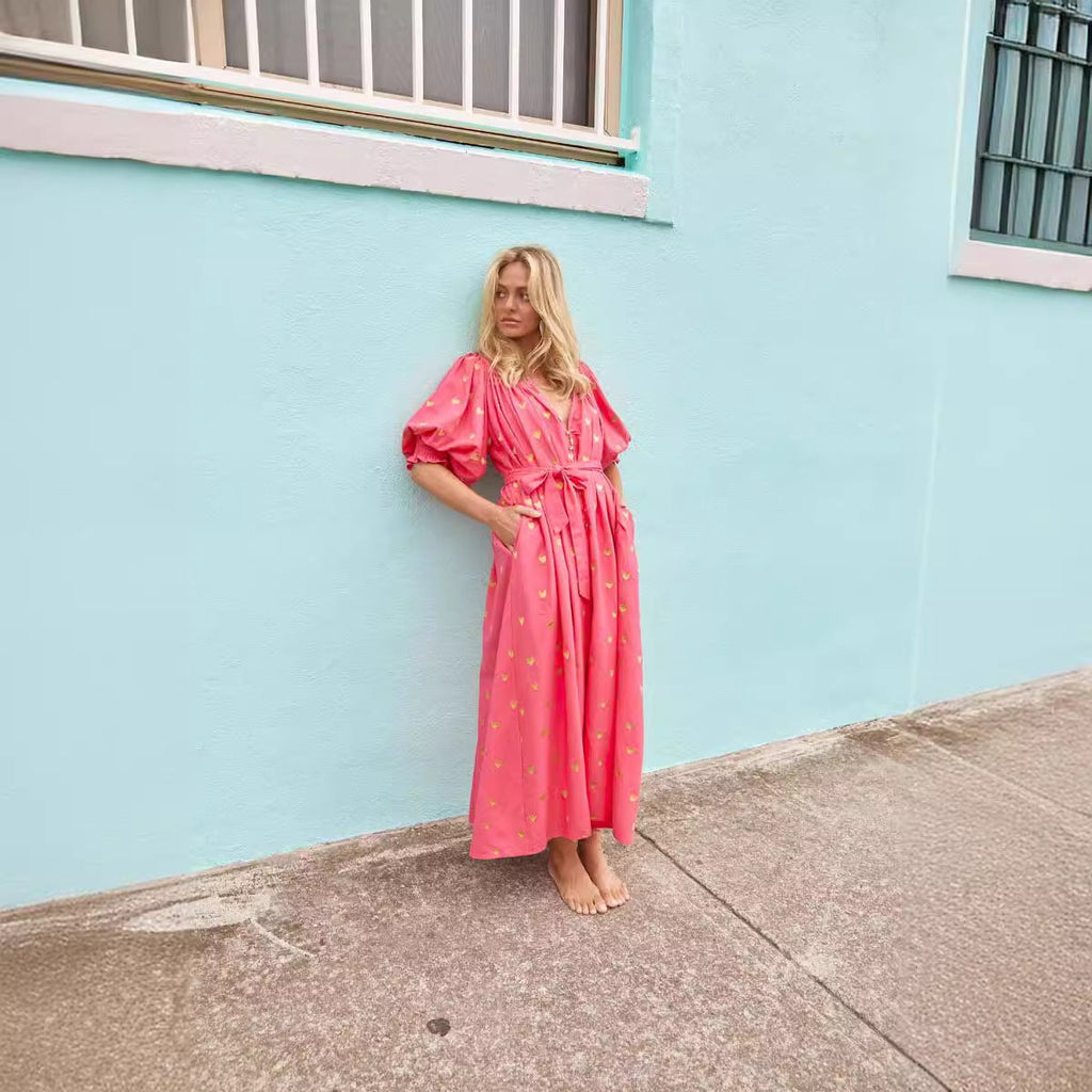 Damen Sommerkleid mit Puffärmeln und goldenen Details GR