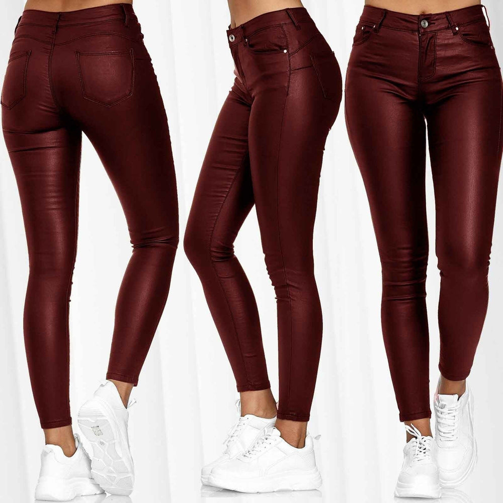 Damen figurbetonte Kunstleder-Hose mit mattem Finish und tiefem Bund GR