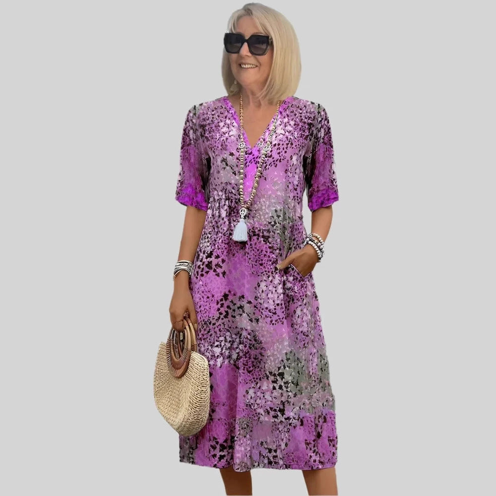 Women's loose summer dress with V-neck and pockets