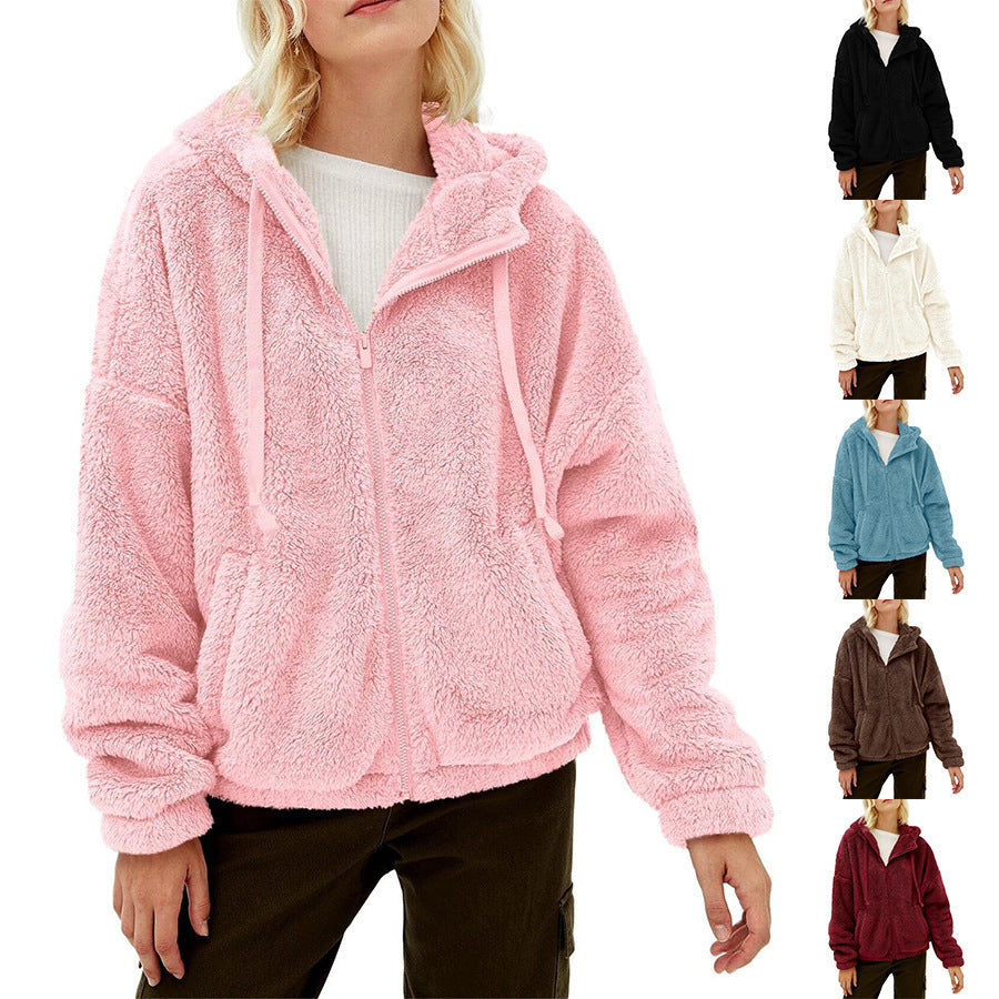 Damen Flauschige Kapuzenjacke mit praktischen Taschen und Reisverschluss GR