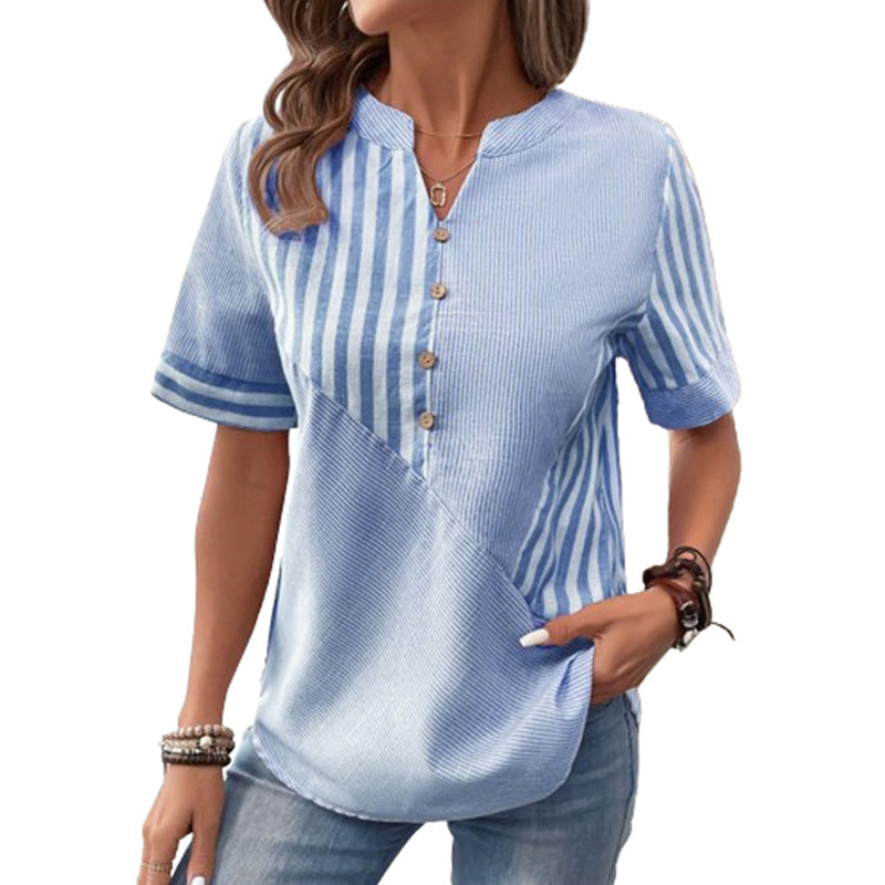 GR V-neck Asymmetrical Striped Patchwork Top