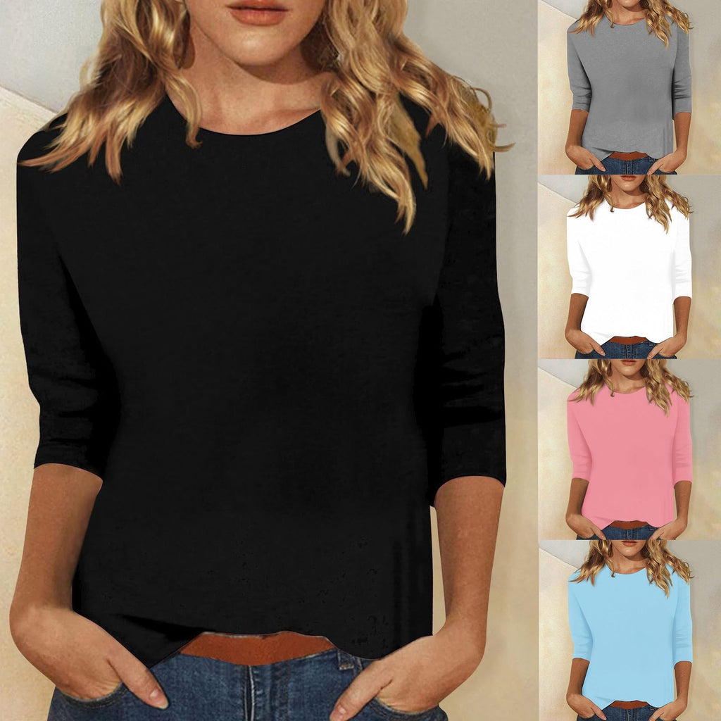 Women's casual top with elegant 3/4 sleeves and curved hem, size S