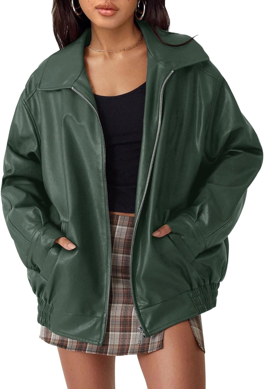 Women's casual faux leather jacket with a wide cut and practical pockets, size S