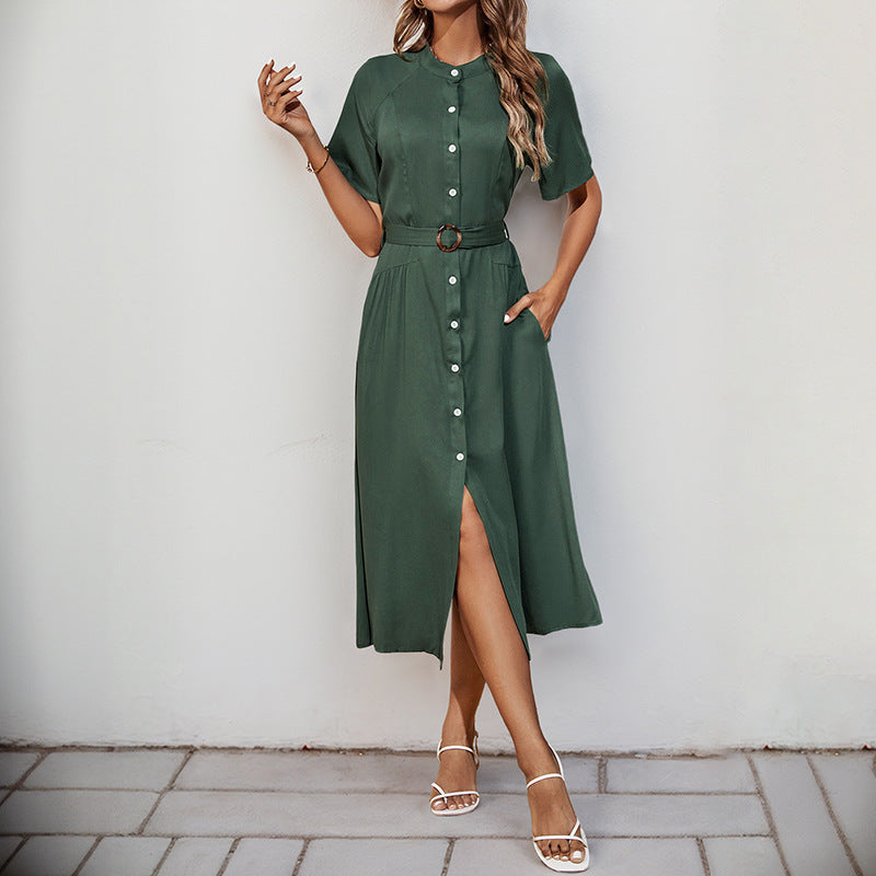 Women's midi dress with elegant button detail and narrow waist belt, size