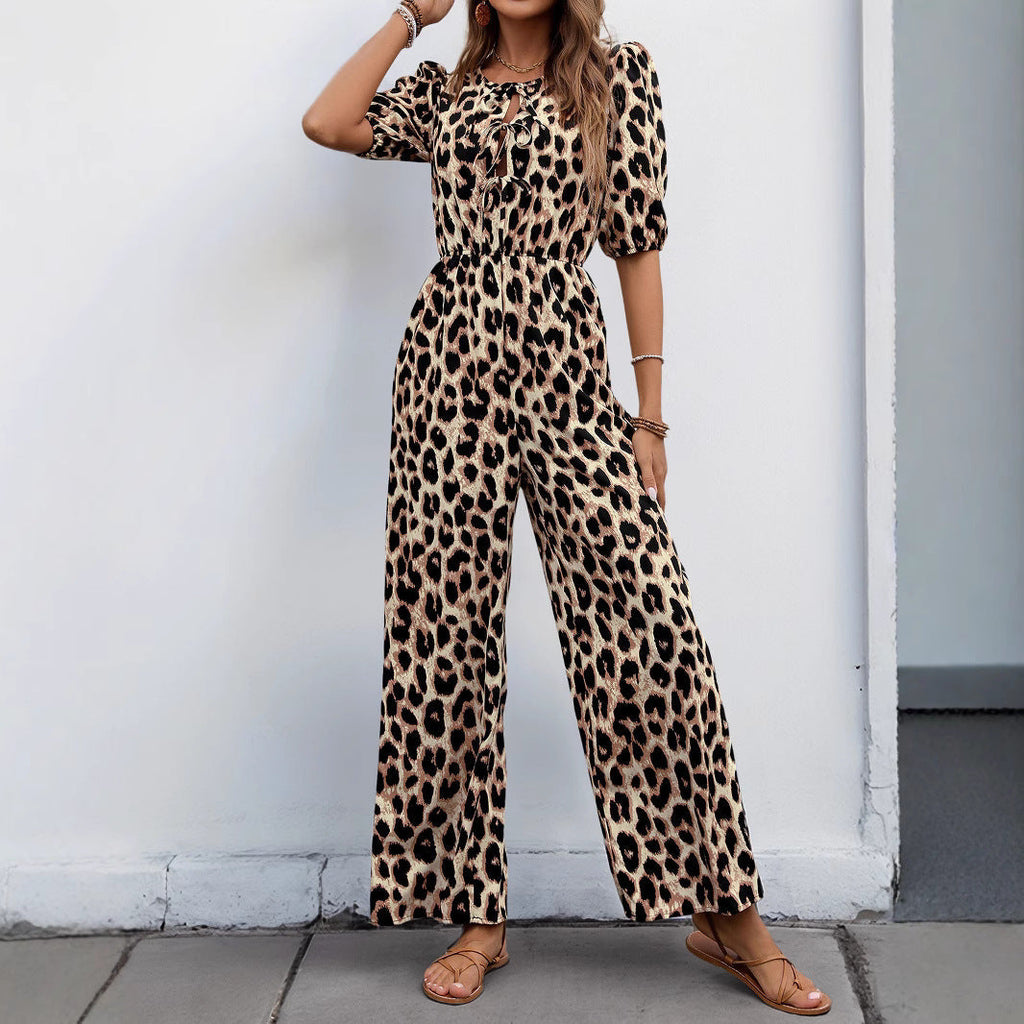 Women's jumpsuit with elegant wrap neckline and fashionable leopard print, size