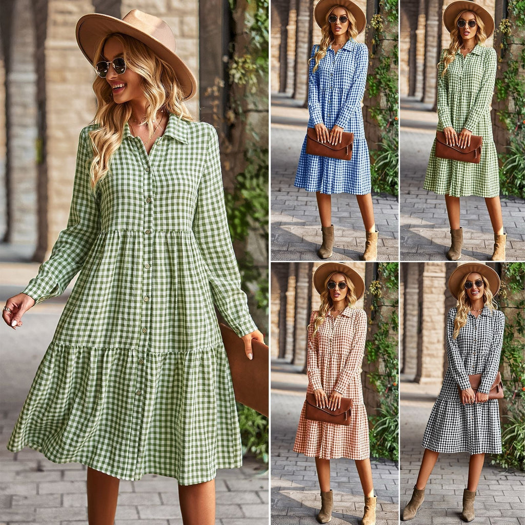 Damen karierte Midi-Bluse mit Knopfleiste und ausgestelltem Rock GR