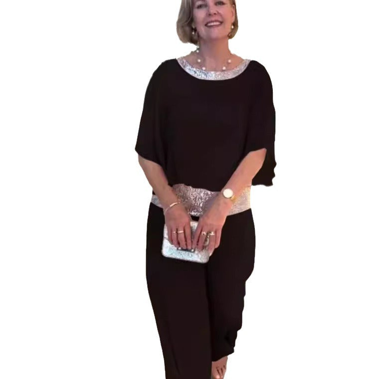 Women's elegant jumpsuit with shimmering waistband, size