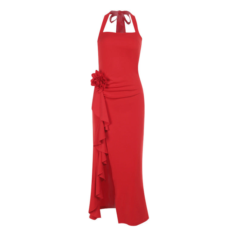 Women's evening dress with asymmetrical ruffle design and seductive halter neck, size GR
