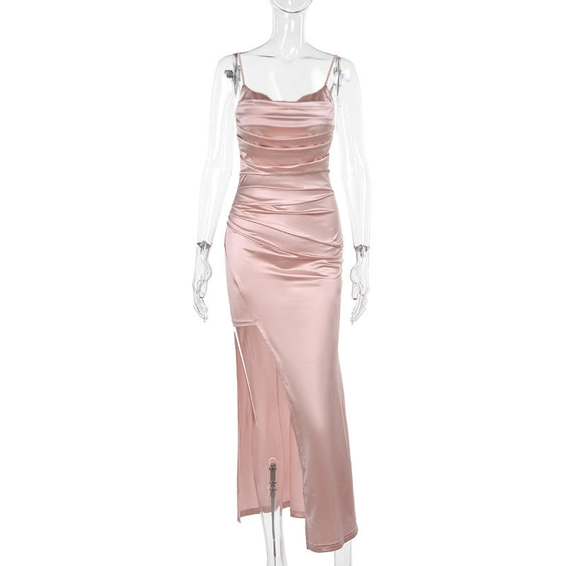 Women's elegant satin evening dress with sophisticated draping and high slit, size [size]