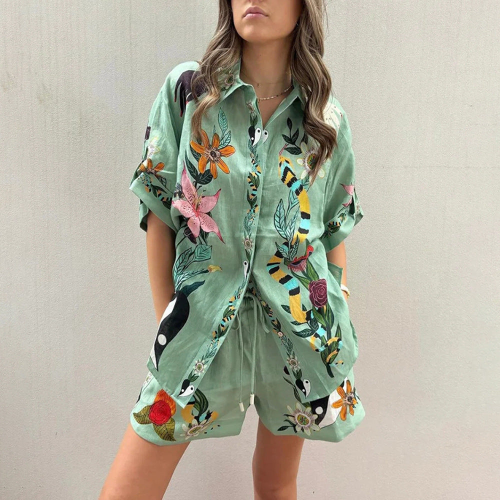 GR | Summer Print Shirt Shorts Loose Casual Two-Piece Set