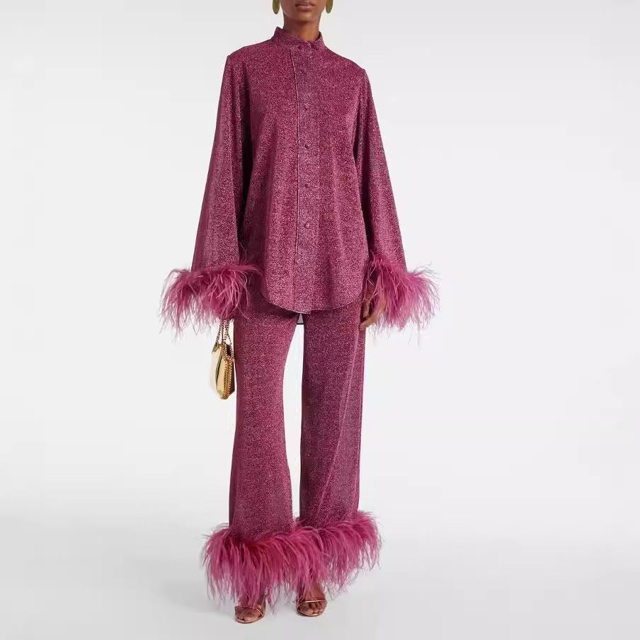 GR | Autumn Winter Feather Stand-up Collar Long Sleeve Top and Trousers Set 