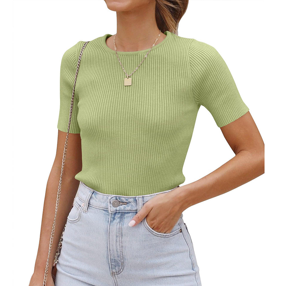 Damen figurbetontes T-Shirt mit feiner Rippstruktur und Rundhalsausschnitt GR