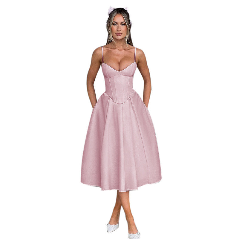 Damen Midi Kleid mit figurbetonter Corsage und schwingendem Rock GR