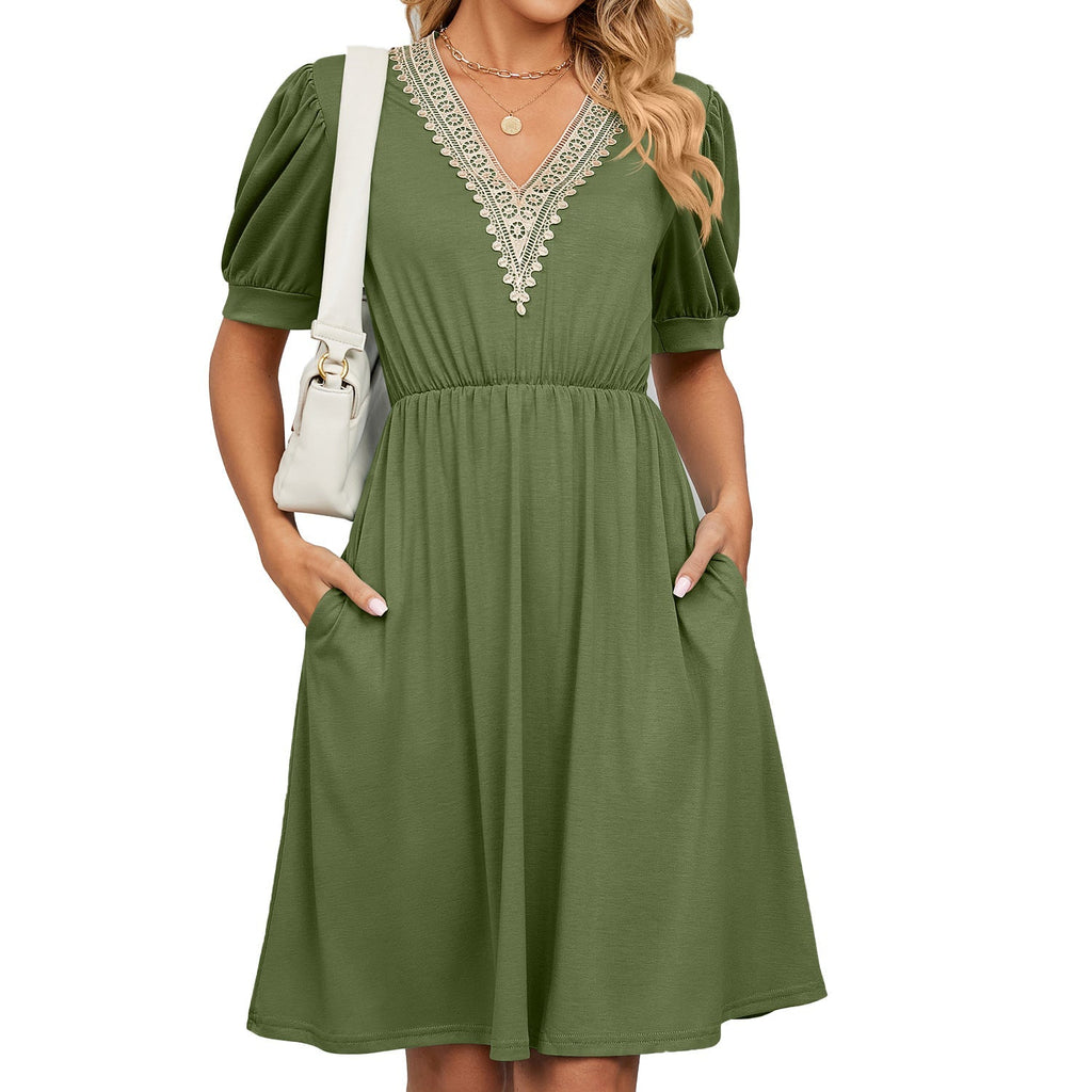 Women's midi dress with elegant V-neck and ruffle details, size