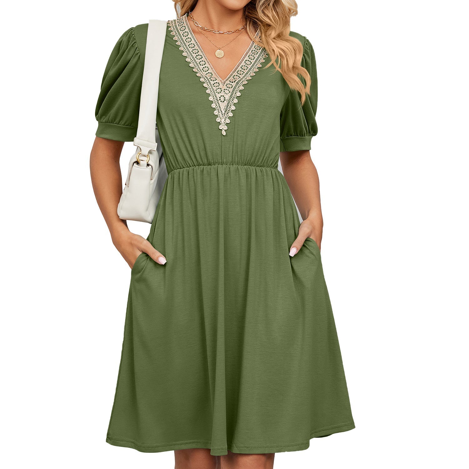 Women's midi dress with elegant V-neck and ruffle details, size