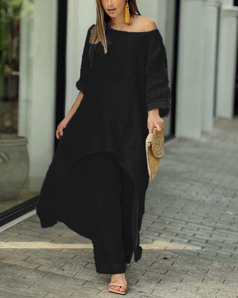 GR | Irregular cotton-linen wide leg two-piece set 