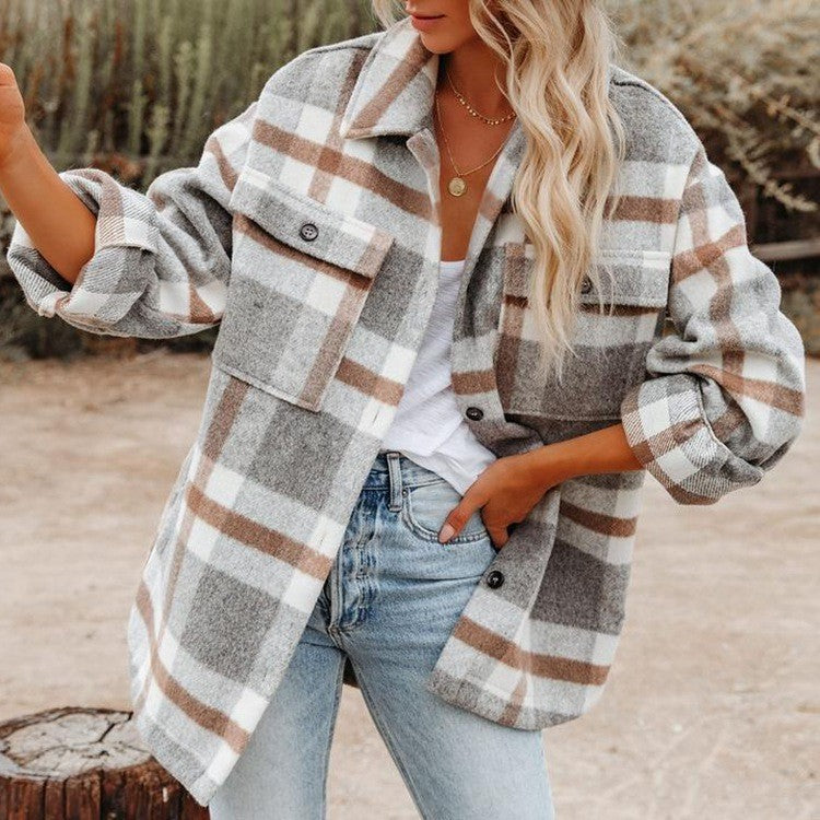 Women's checked flannel jacket with a relaxed fit and patch pockets, size S
